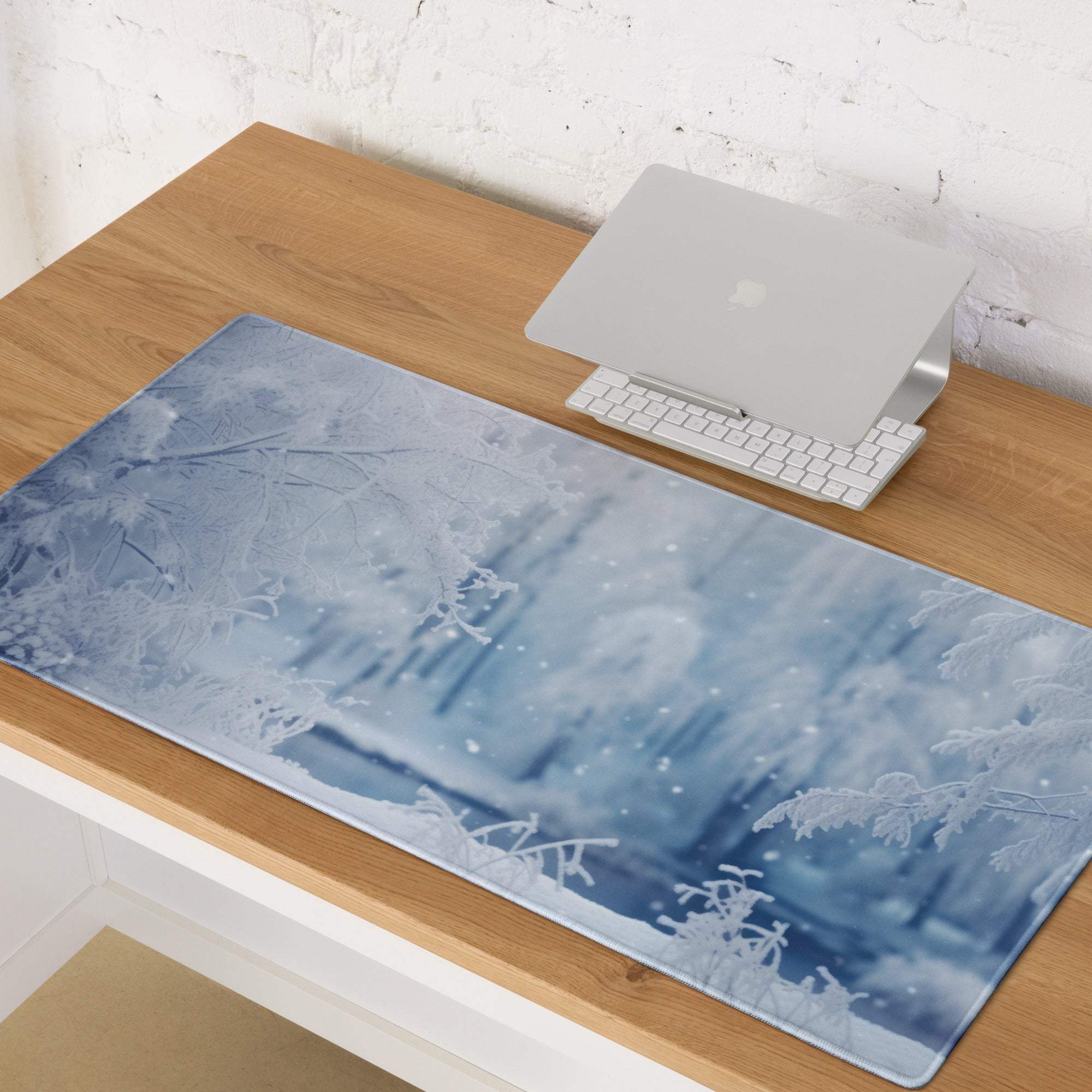 Blue and white frosty forest gaming mouse pad with non-slip backing