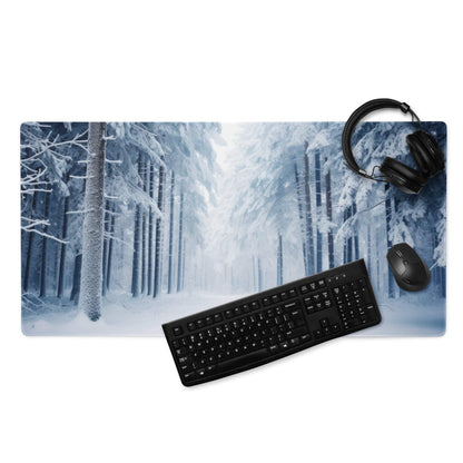 Winter forest cool blue large gaming mouse pad with snow trees and misty path