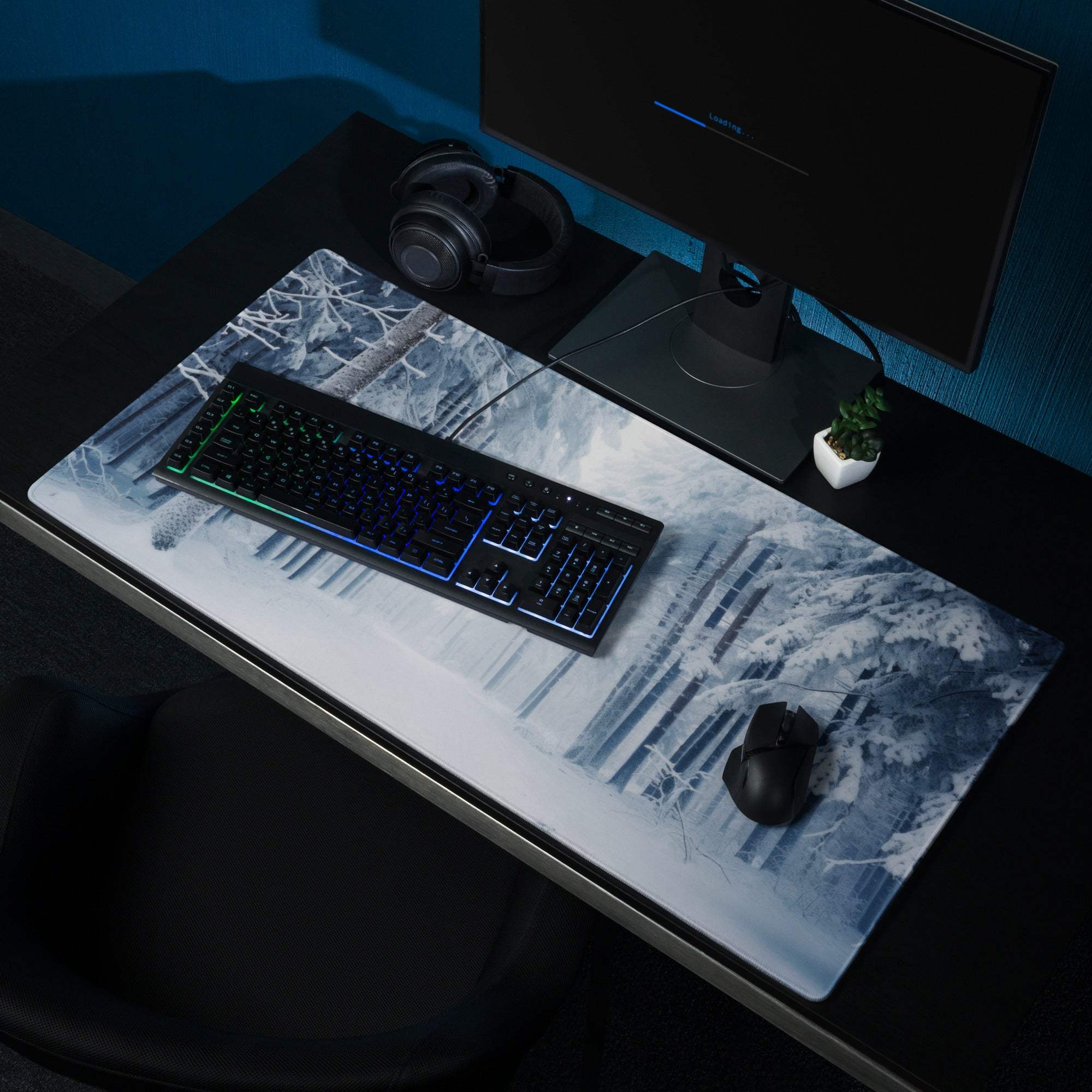 Winter Forest monochrome gaming mousepad with cool blue theme, non-slip base