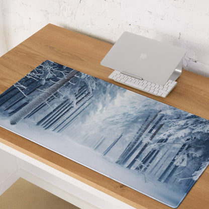 Blue and white snowy forest rectangular gaming mousepad with non-slip base