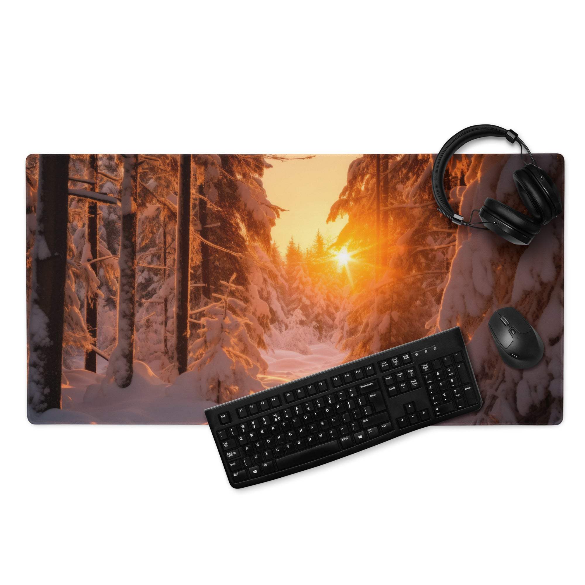 Vivid snowy forest sunrise gaming mouse pad with orange glow