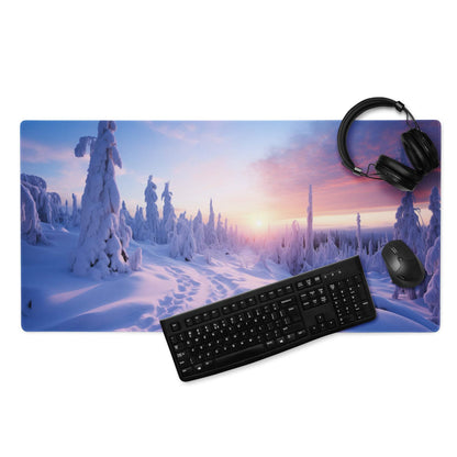 Large icy purple sunset winter landscape gaming mouse pad with edge stitching