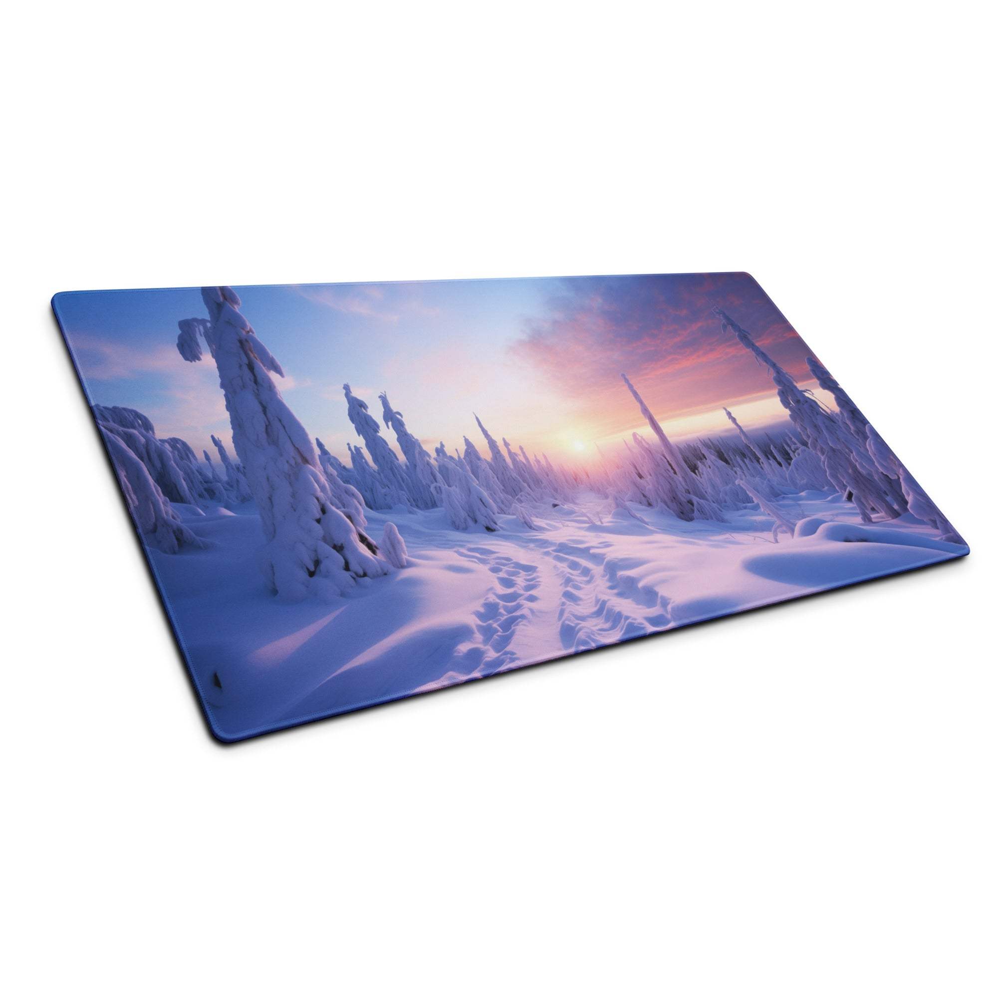 Large rectangular winter landscape mouse pad with icy purple sunset, snow trees, non-slip base