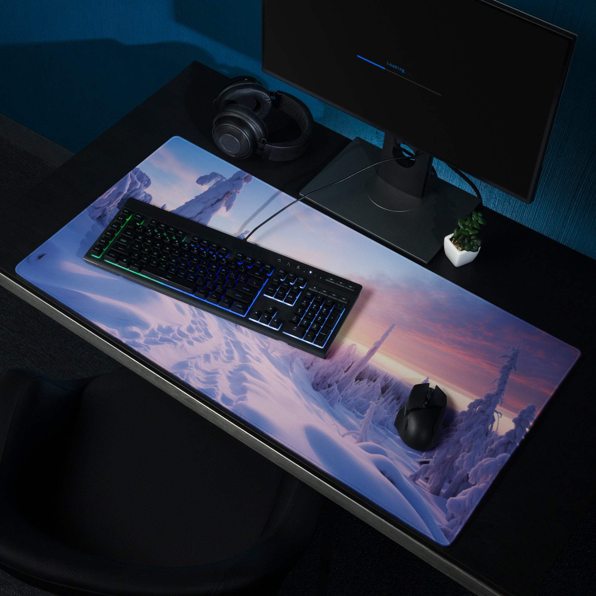 Large icy purple sunset snowy landscape gaming mousepad with edge stitching
