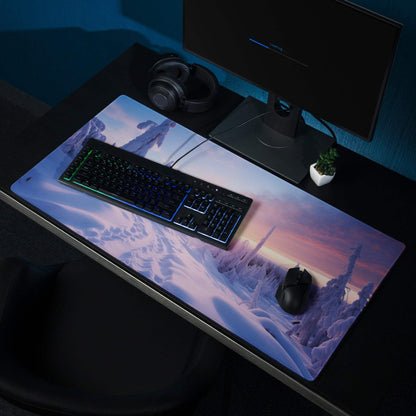 Large icy purple sunset snowy landscape gaming mousepad with edge stitching