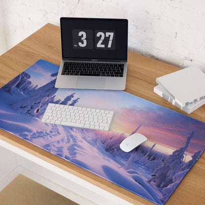 Large icy purple sunset winter landscape gaming mousepad with frosty mountains