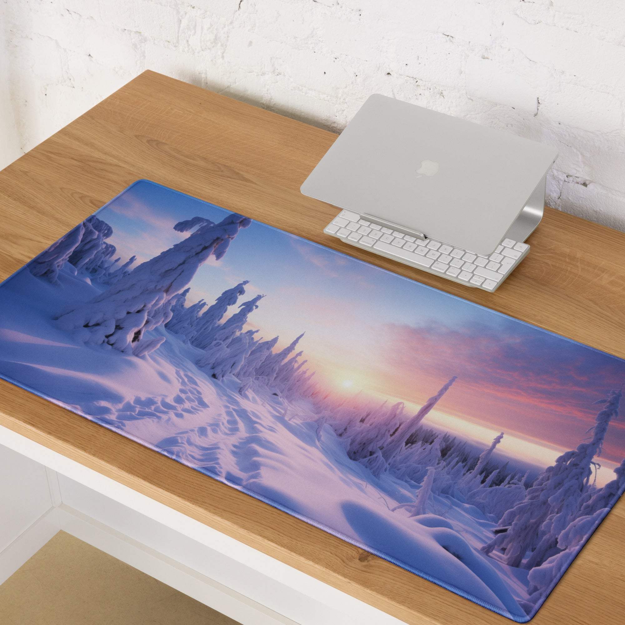 Large icy purple sunset forest gaming mousepad with frost edge stitching