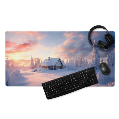 Extended gaming mouse pad with winter sunset scene, snow house, pines, non-slip base
