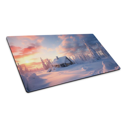 Extended winter sunset gaming mouse pad with cozy cabin snowscape and non-slip base