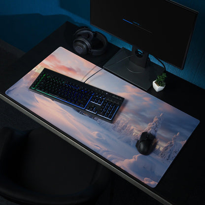 Extended gaming mouse pad with snowy mountain winter sunset print