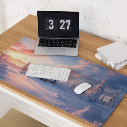 Extended gaming mouse pad with snowy sunset landscape and non-slip base