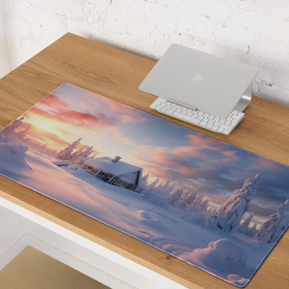Extended gaming mouse pad with frosty winter sunset cabin, non-slip base