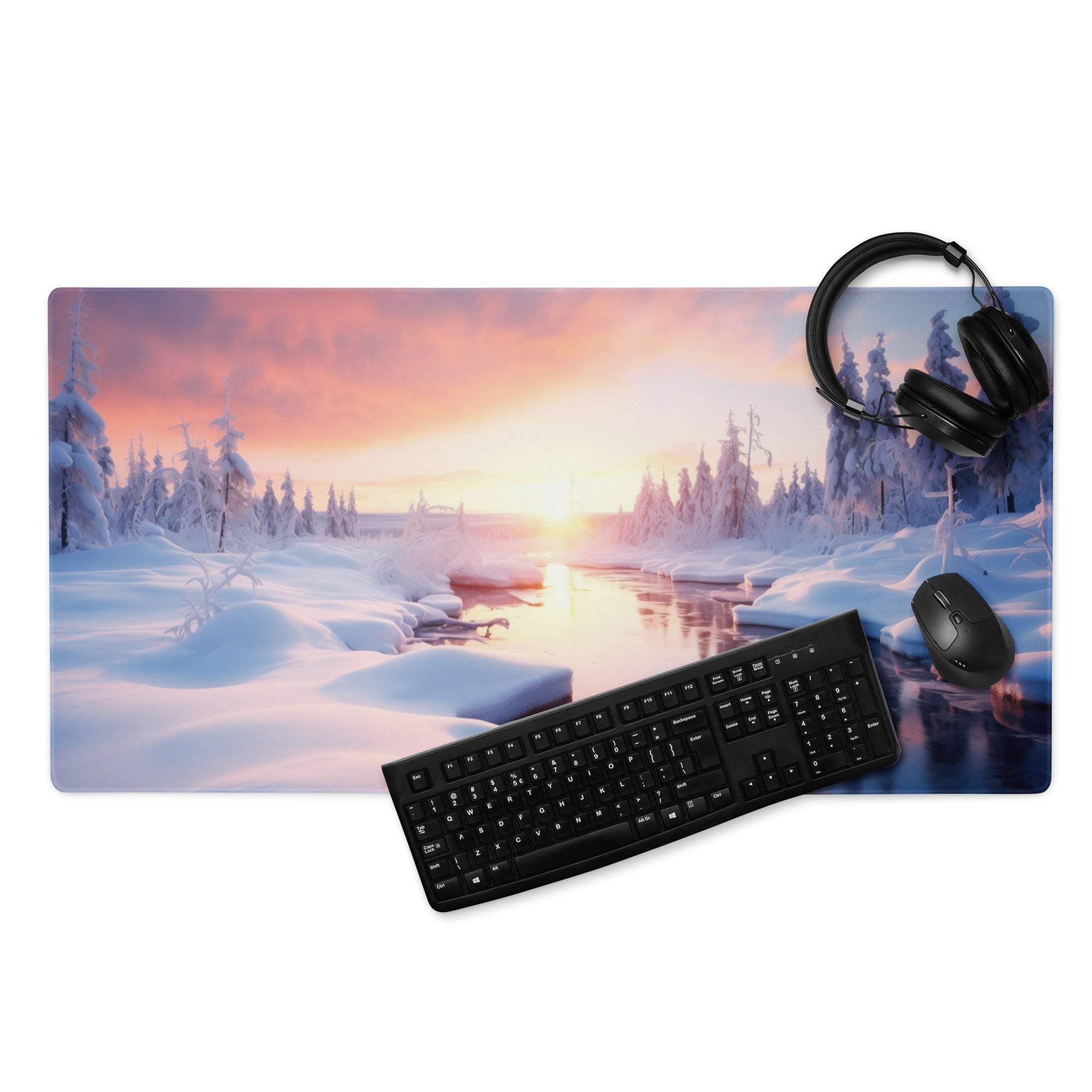 Serene Winter Sunset large gaming mouse pad with pink purple horizon