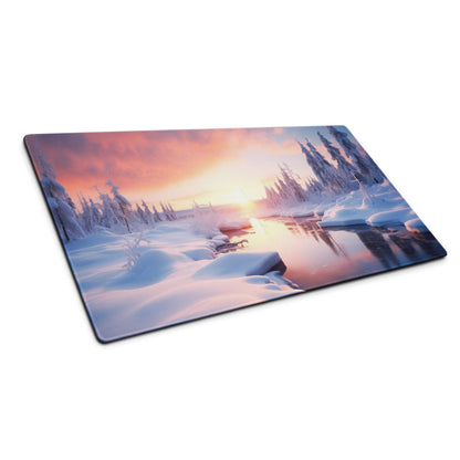 Serene Winter Sunset large vista mouse pad with snow trees icy river