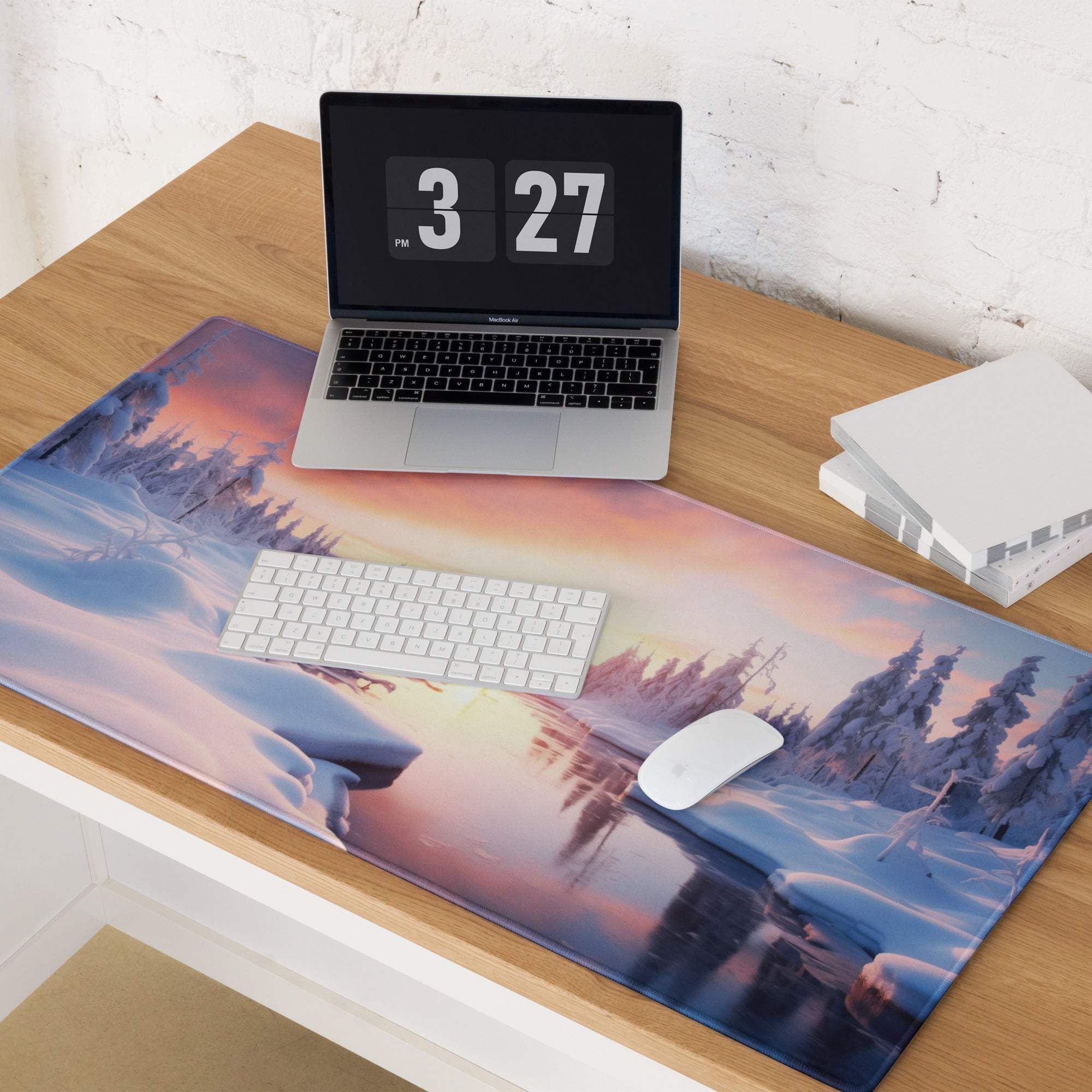 Serene Winter Sunset large gaming mouse pad with pink purple horizon