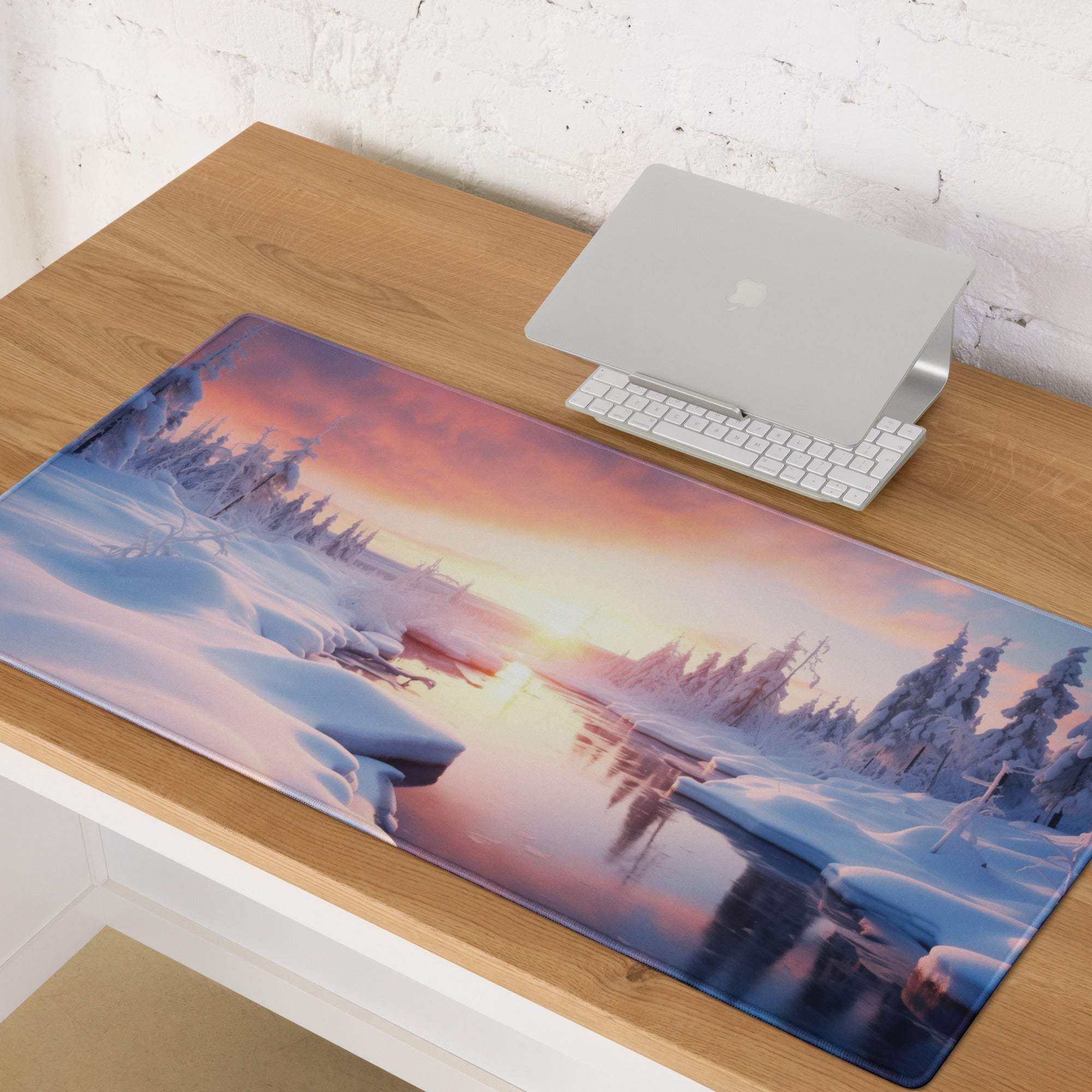Serene Winter Sunset large gaming mouse pad with pink purple horizon