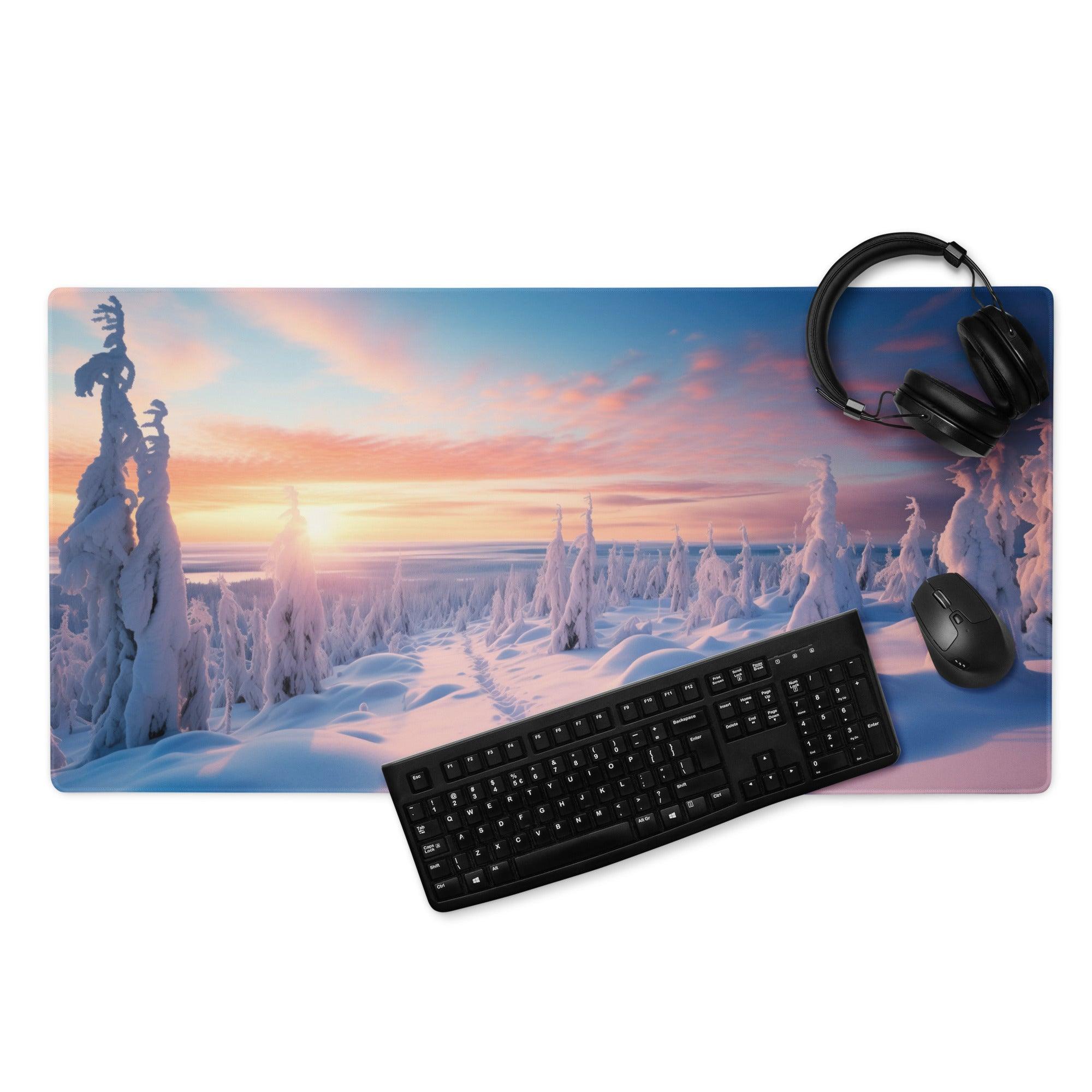Serene winter sunset over frosted pines gaming mouse pad