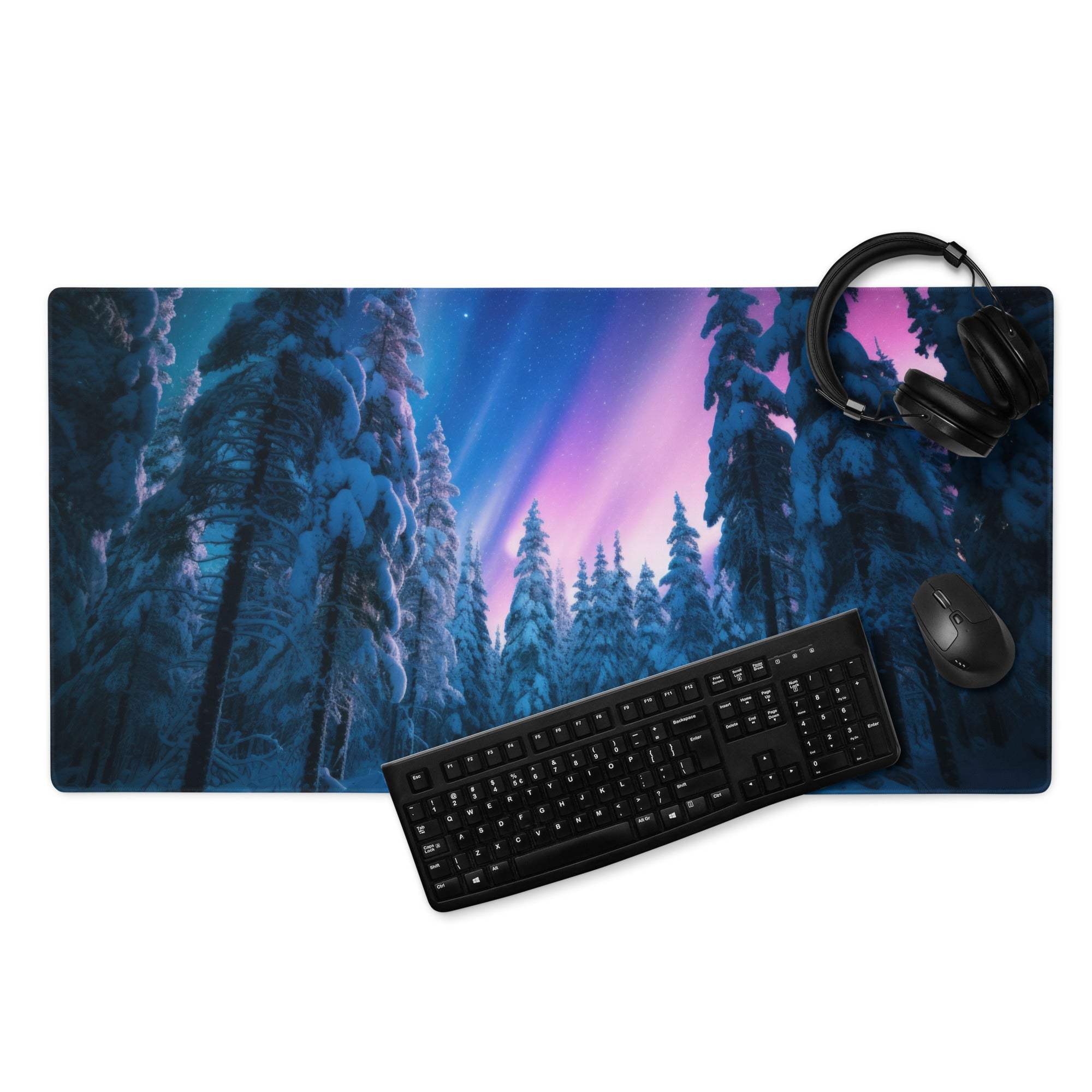 Dreamy Aurora Forest large gaming mouse pad with aurora over snowy pines