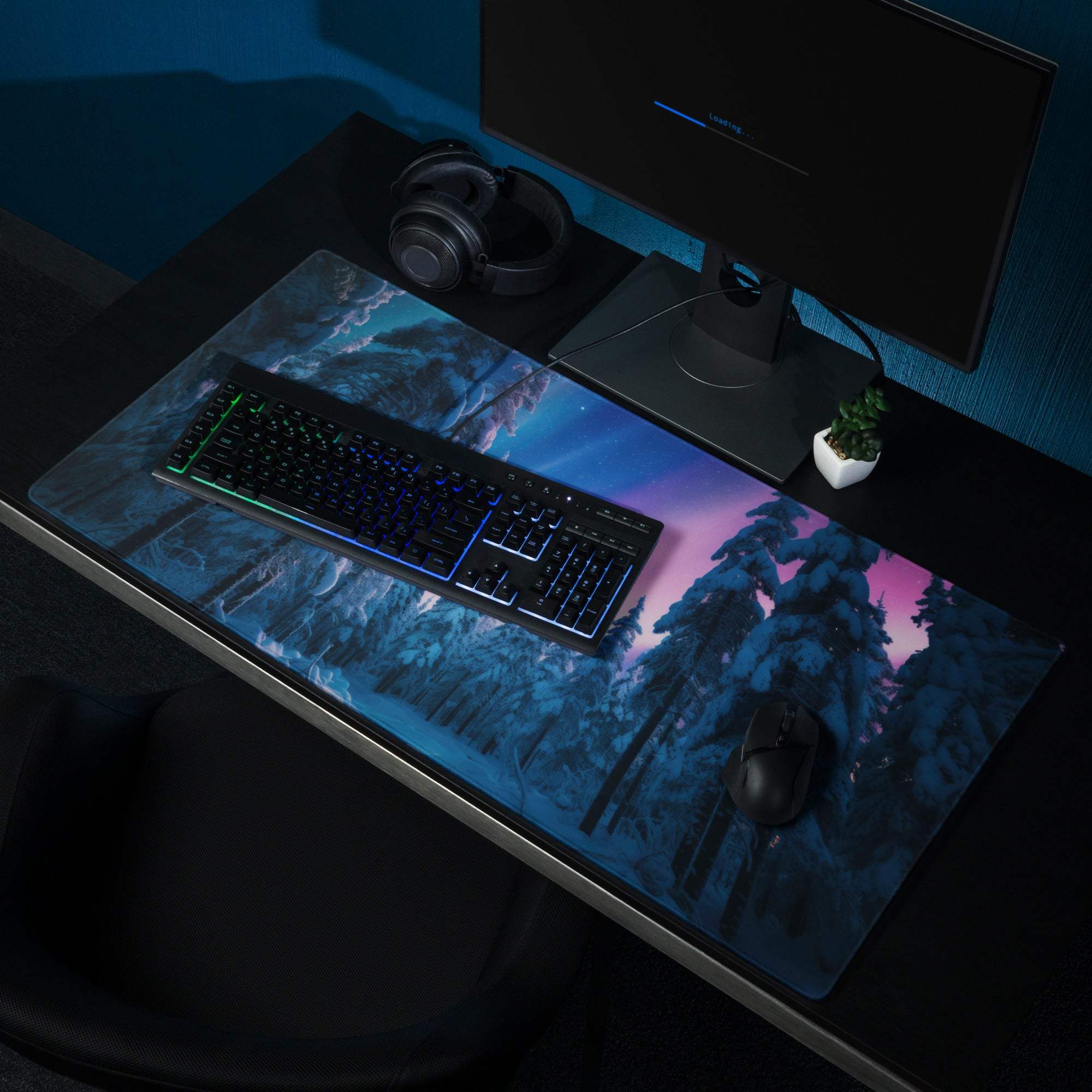 Dreamy aurora forest gaming mouse pad with snowy scene and non-slip base