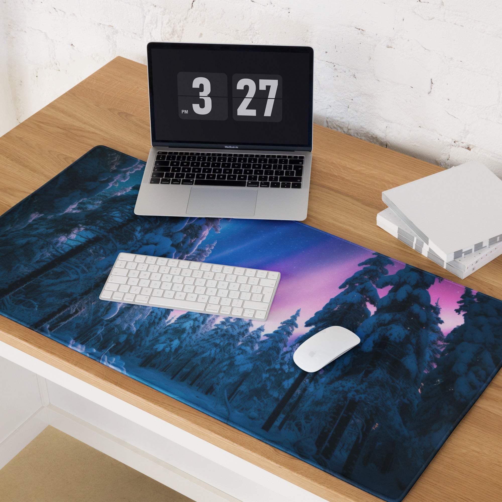 Dreamy aurora forest large gaming mouse pad with blue purple forest and aurora sky