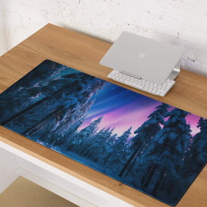 Dreamy Aurora Forest gaming mouse pad with aurora over snowy pines