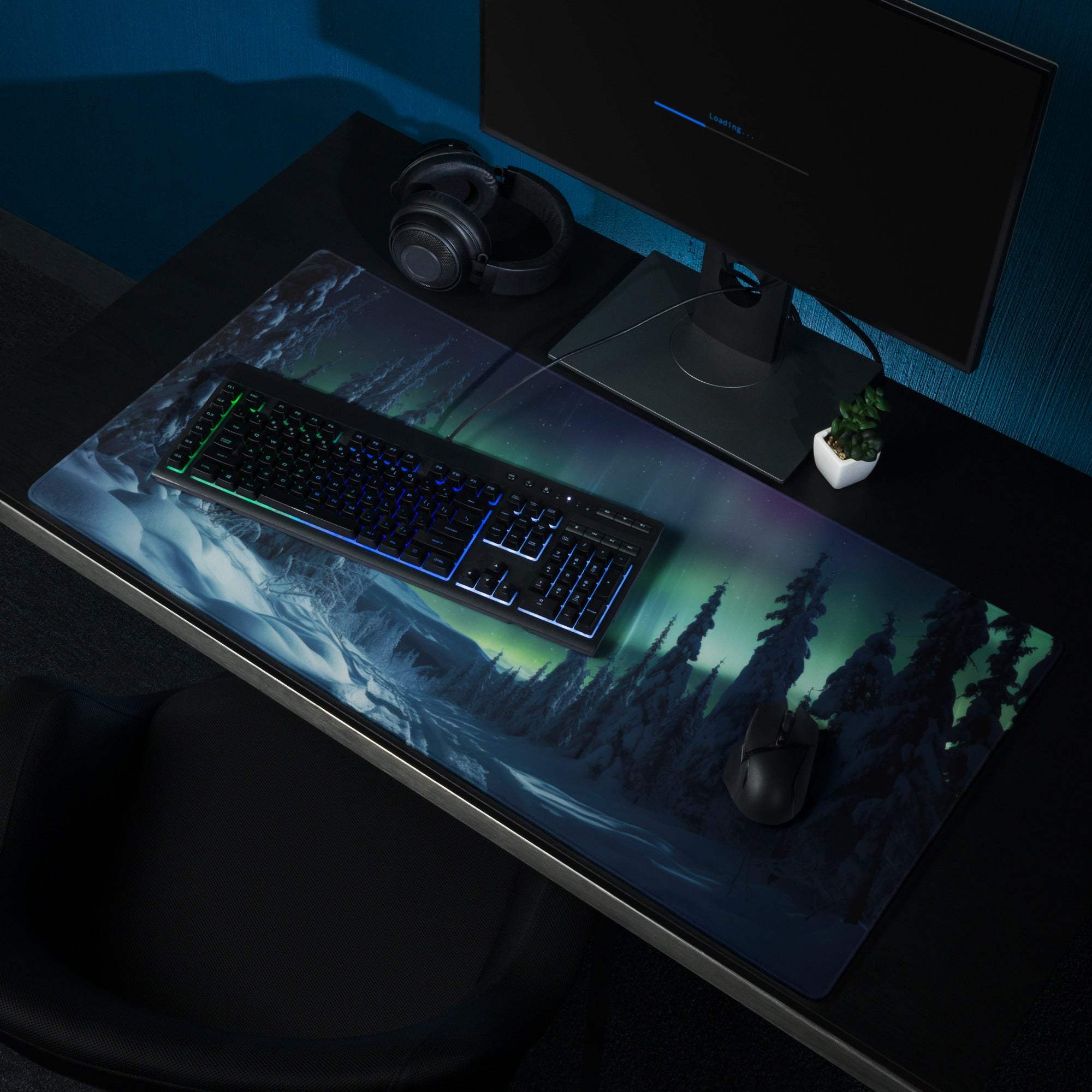 Ultra large aurora borealis forest night gaming mouse pad with non-slip base