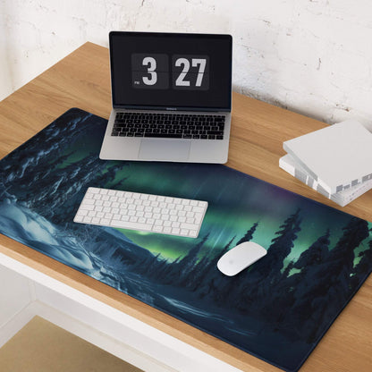Ultra large aurora borealis forest night gaming mouse pad with non-slip base