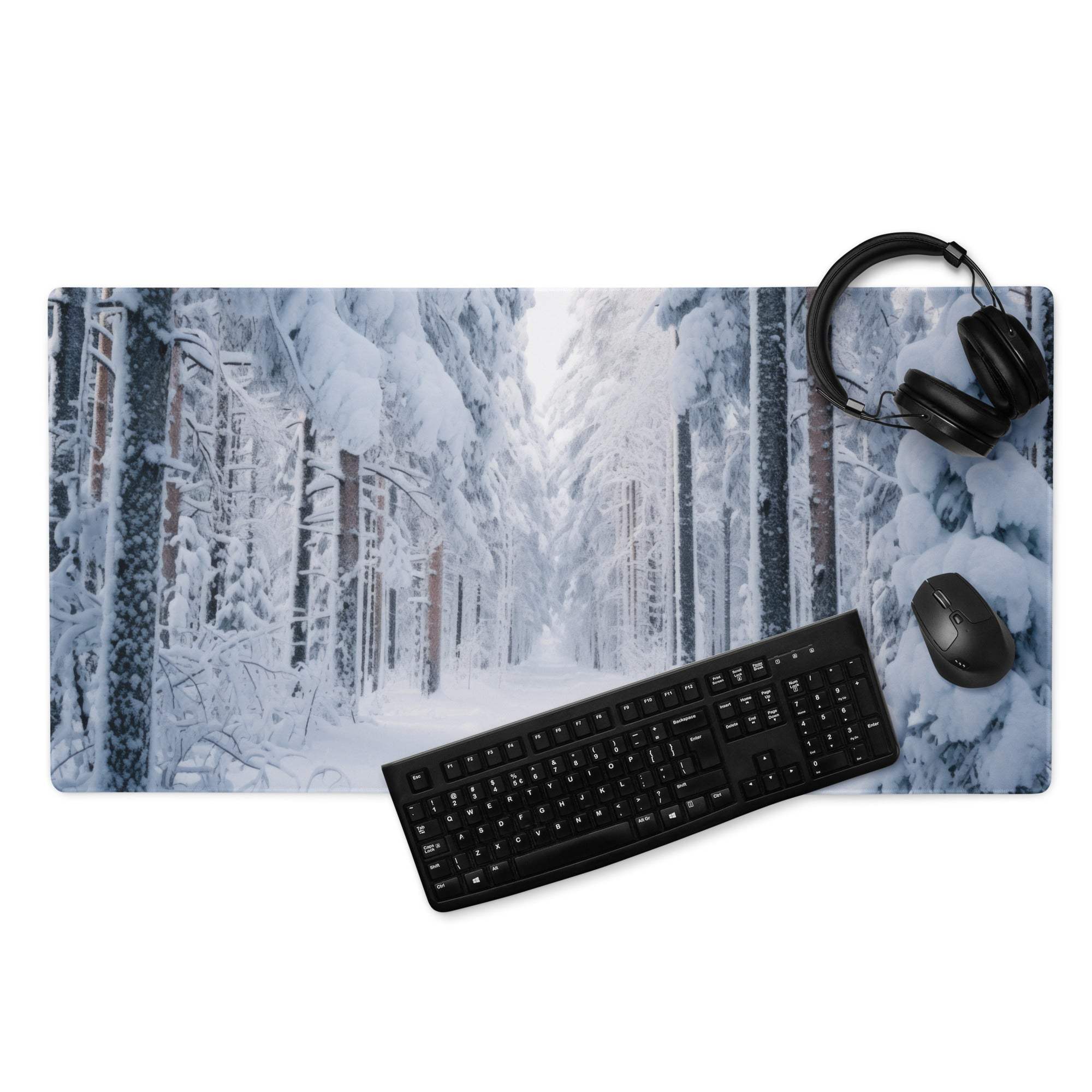 Winter forest gaming mouse pad with frost-covered trees and non-slip base