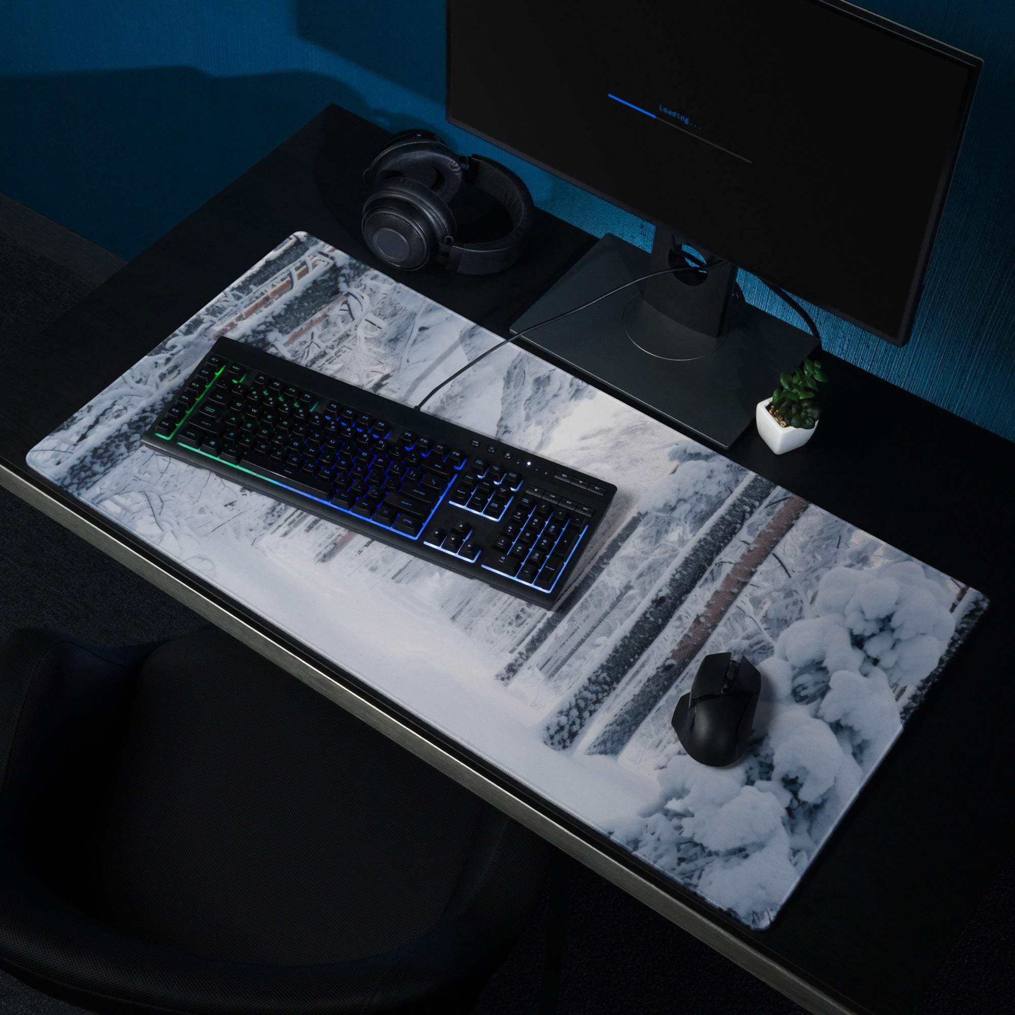 Winter forest black white snowy textured gaming mousepad non-slip stitched base