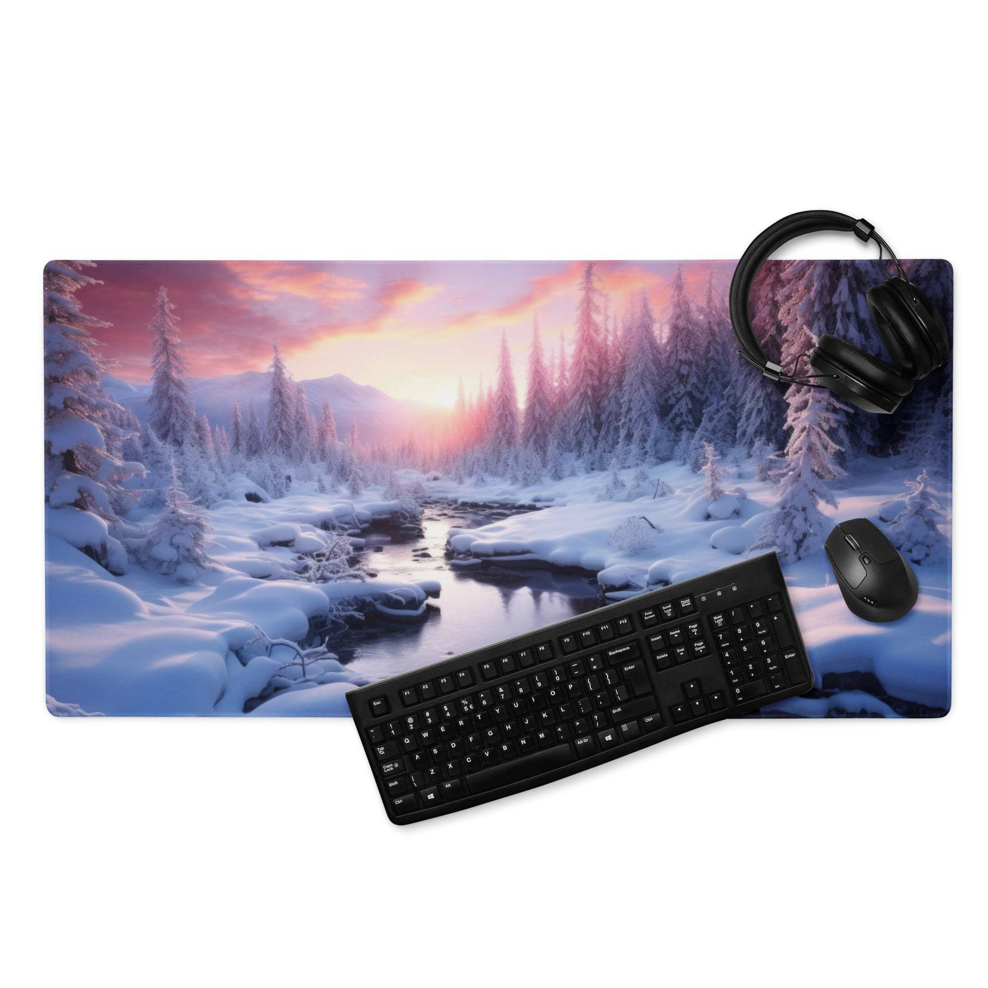 Large winter forest sunset glow gaming mouse pad with snow trees and non-slip backing