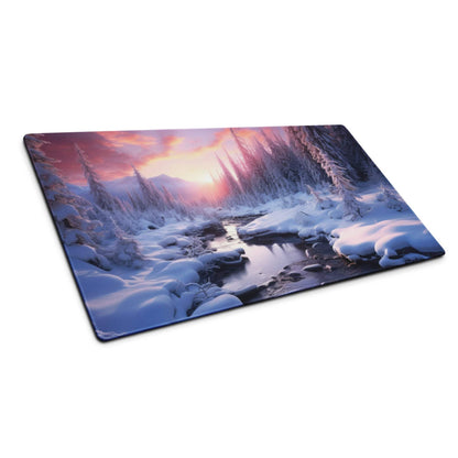 Winter forest landscape sunset glow large gaming mouse pad with vivid snow scene