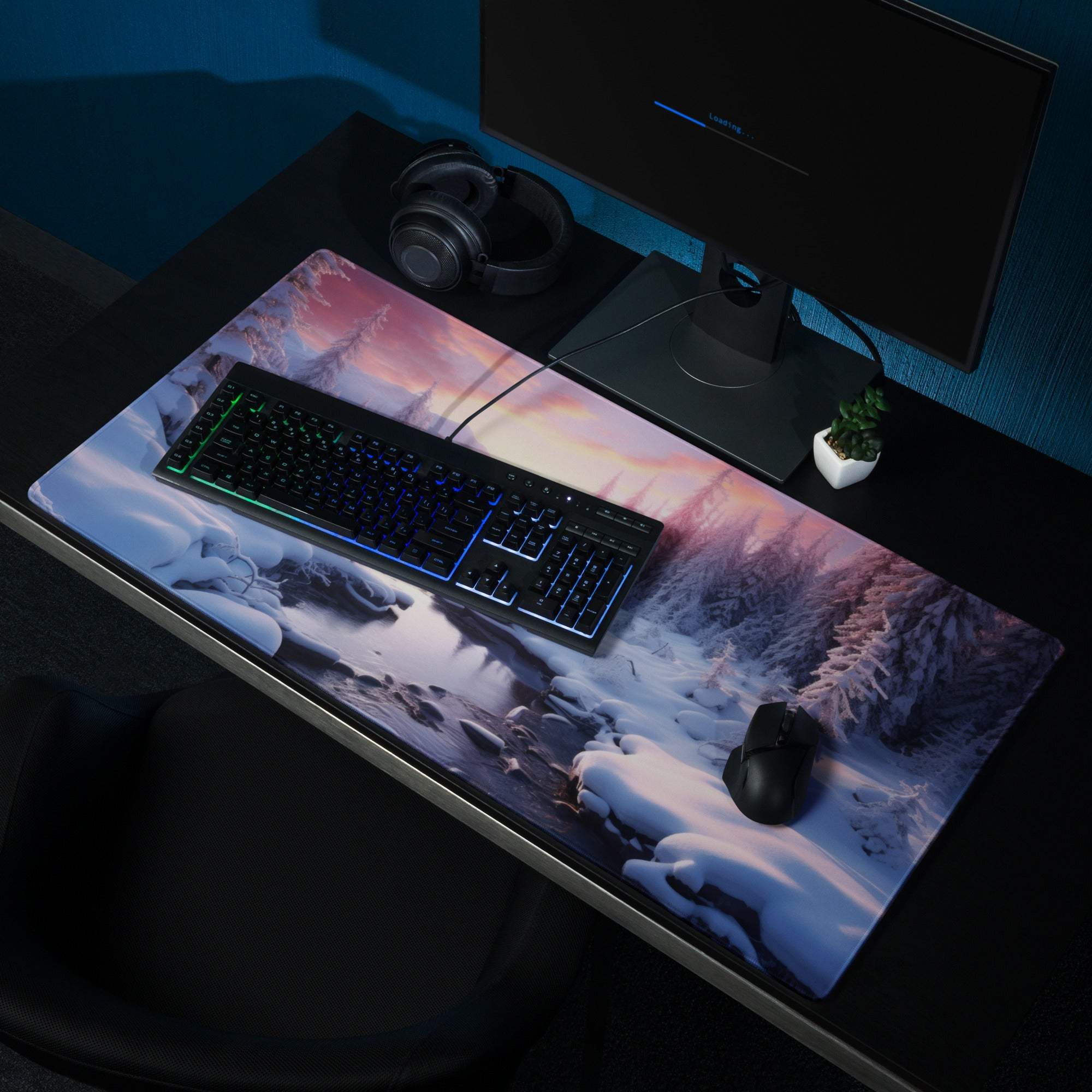 Winter Forest Landscape Sunset Glow gaming mouse pad with snow trees
