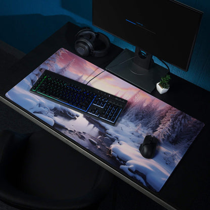 Winter Forest Landscape Sunset Glow gaming mouse pad with snow trees