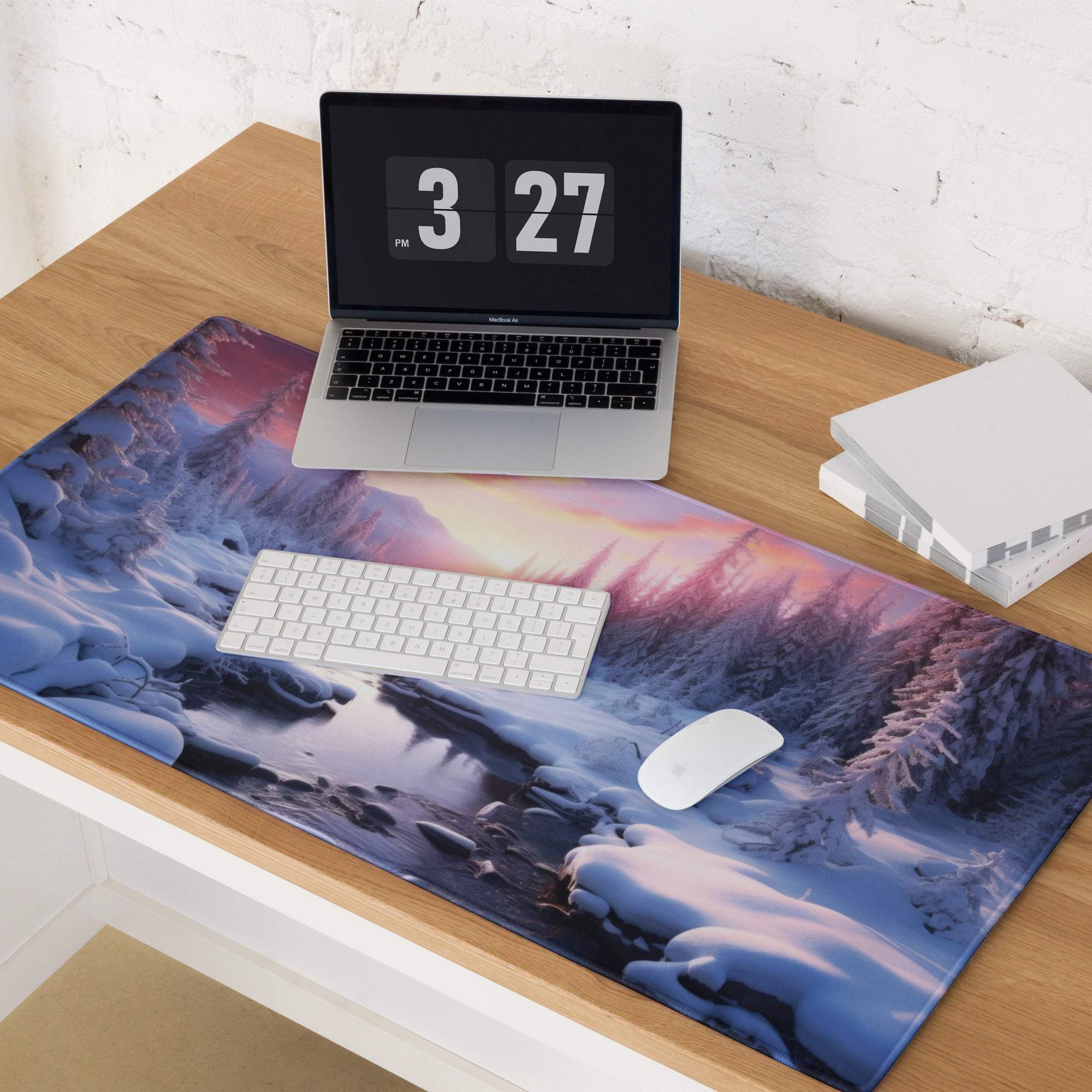 Winter Forest Landscape Sunset Glow gaming mouse pad with frosty trees