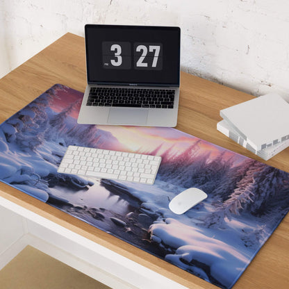 Winter Forest Landscape Sunset Glow gaming mouse pad with frosty trees