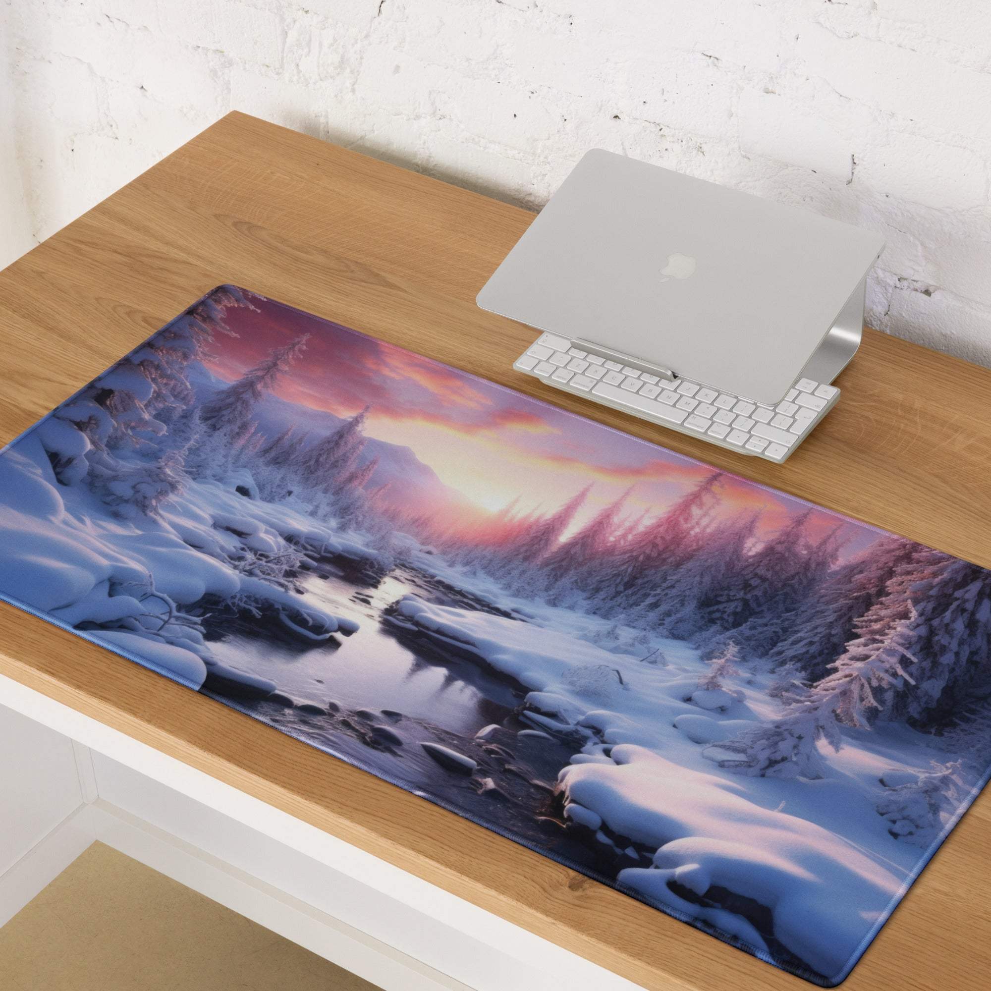 Large Winter Forest Sunset Glow Gaming Mouse Pad with Snowy Landscape