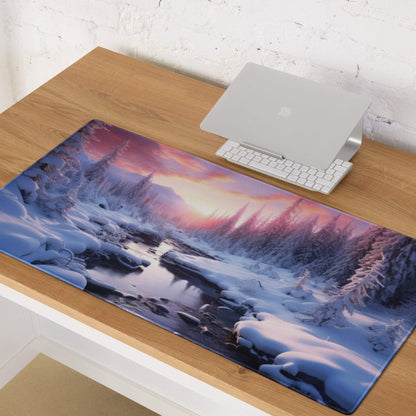 Large Winter Forest Sunset Glow Gaming Mouse Pad with Snowy Landscape
