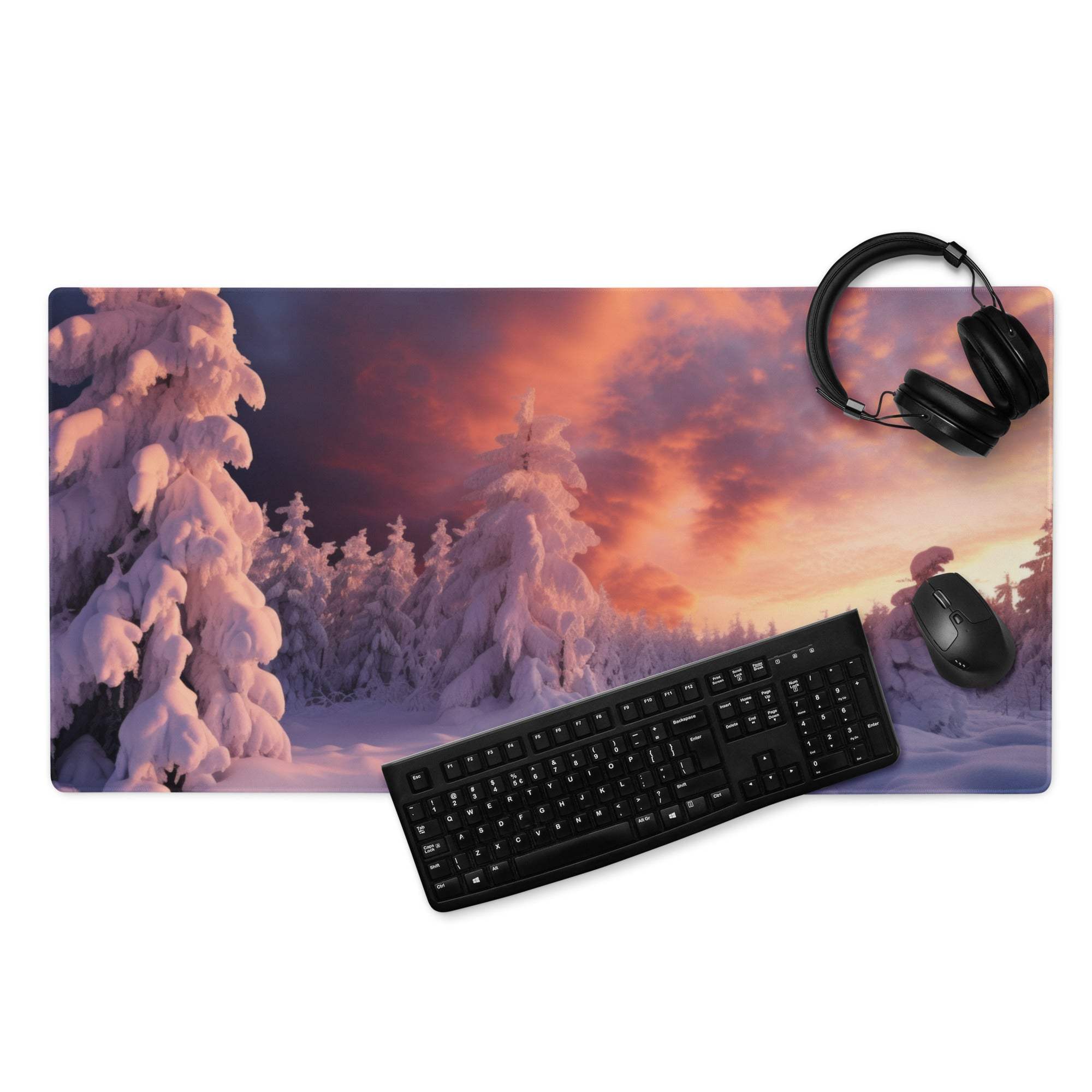 Epic Snowy Forest Landscape At Sunset gaming mouse pad
