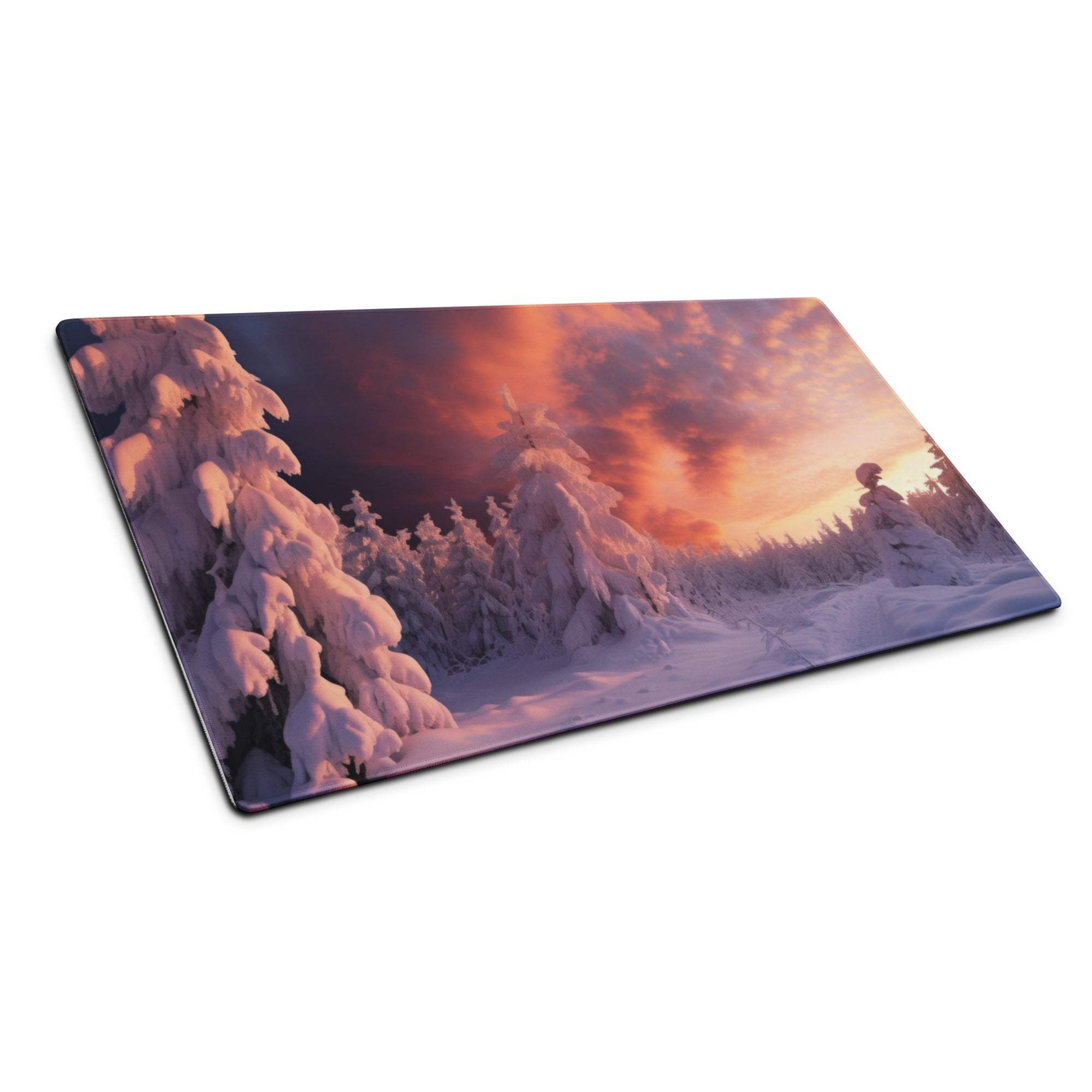 Epic snowy forest at sunset mouse pad with orange purple sky print