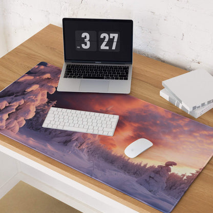 Epic snowy forest sunset mousepad with purple-orange sky and mountains