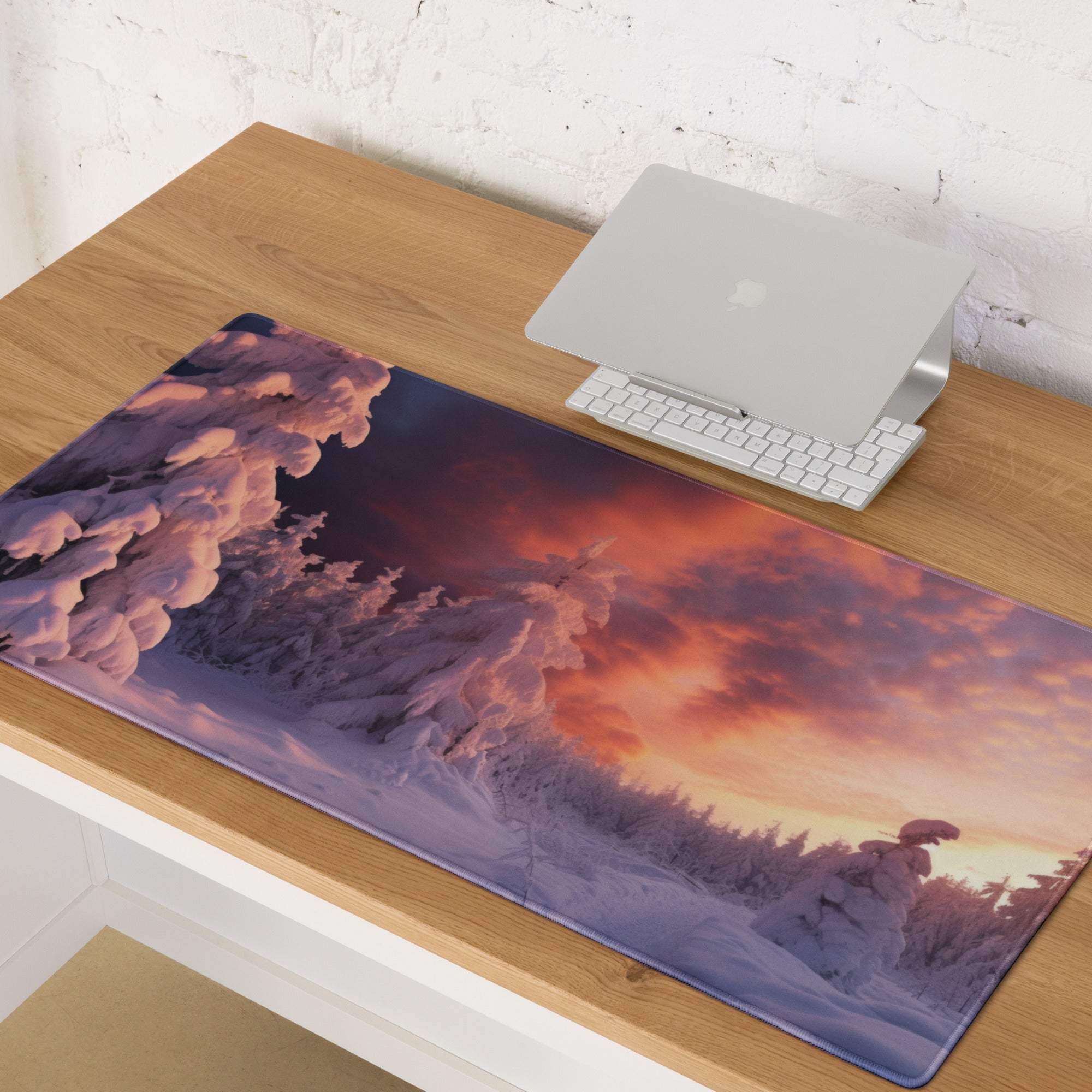 Epic Snowy Forest Sunset Gaming Mouse Pad with Purple Orange Sky