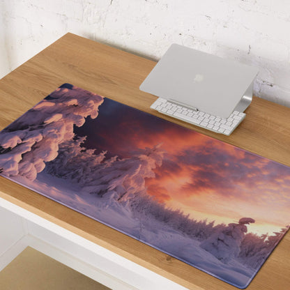 Epic Snowy Forest Sunset Gaming Mouse Pad with Purple Orange Sky