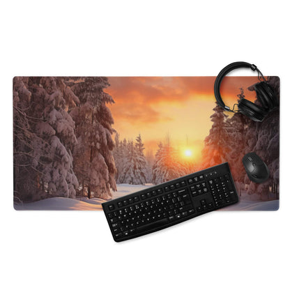 Serene winter forest sunset gaming mouse pad with orange glow and snow trees