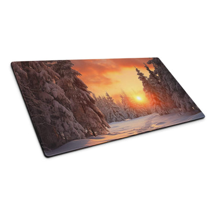 Serene winter forest sunset gaming mouse pad with snow pines orange glow