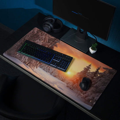 Serene Winter Forest Sunset gaming mouse pad with warm orange glow