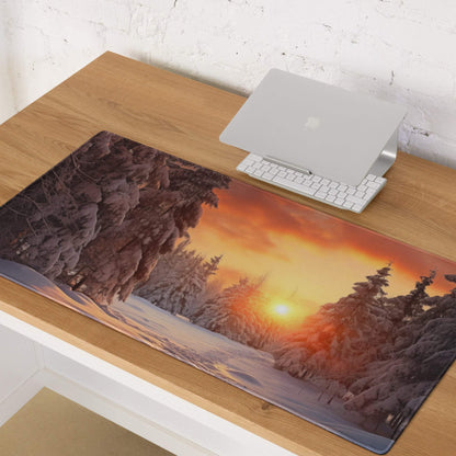 Serene winter forest sunset gaming mouse pad with frosty trees and orange glow