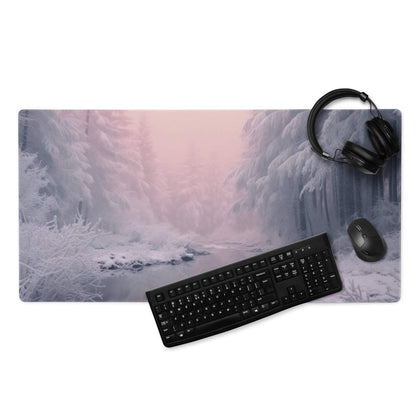 Winter Forest Pink Dawn large gaming mouse pad with serene snowy scene