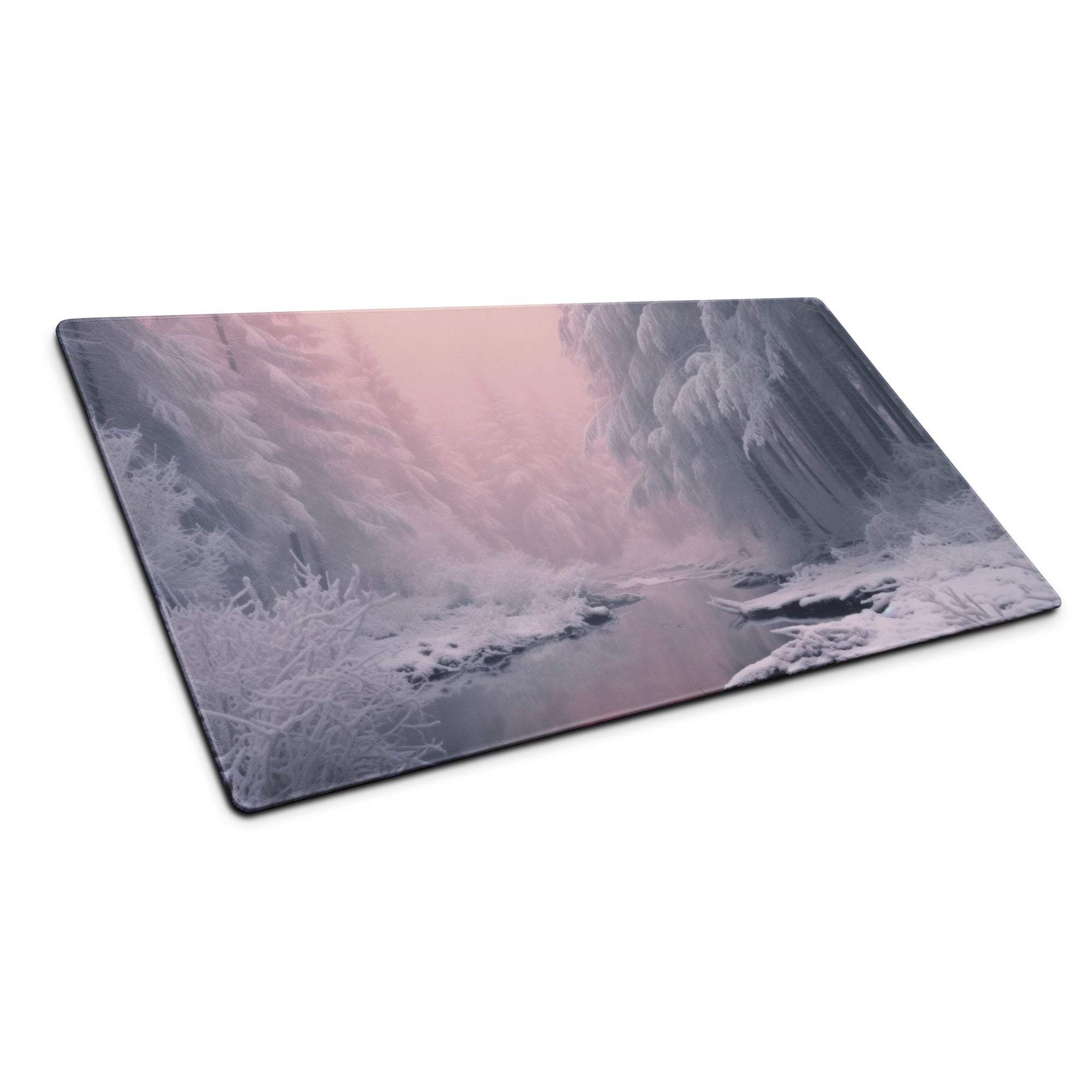 Winter Forest Pink Dawn large gaming mouse pad with serene snowy landscape
