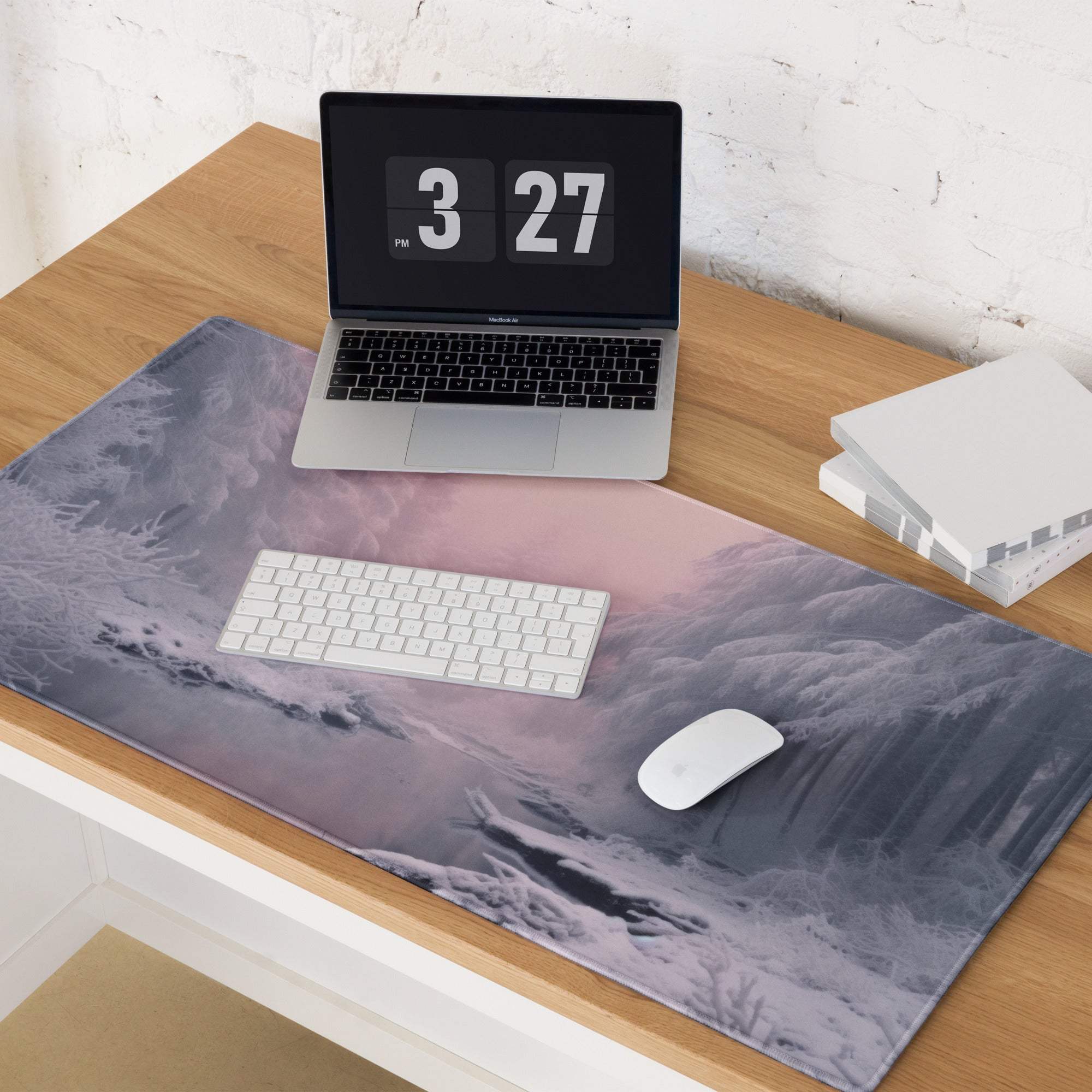 Winter Forest Pink Dawn large gaming mouse pad with icy mountain landscape