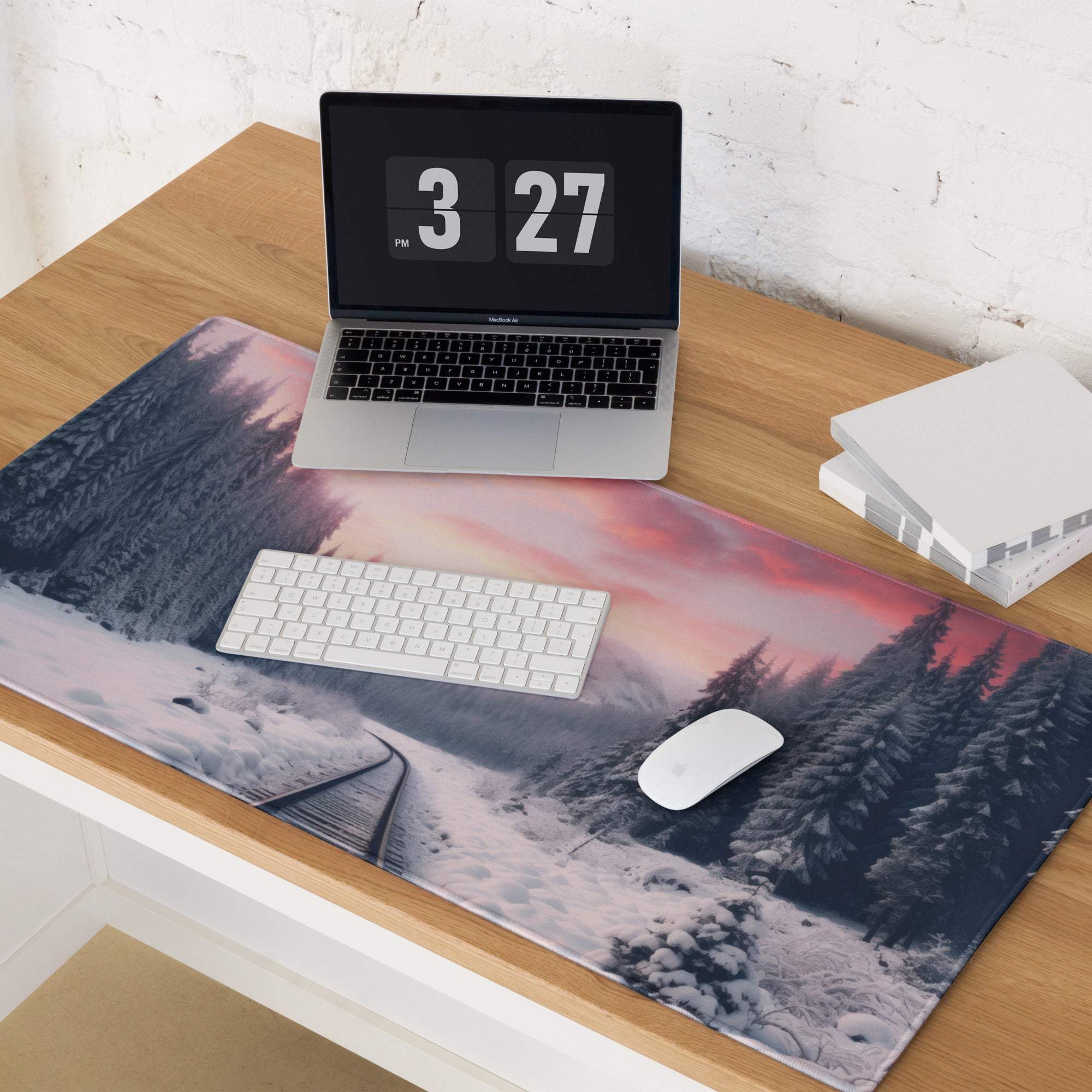 Calm winter snow forest large gaming mousepad with frosty pines and tracks